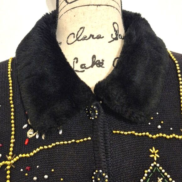 Vintage Studio Joy Holiday Sweater XL Button Front Embellished Faux Fur Collar - Picture 4 of 11